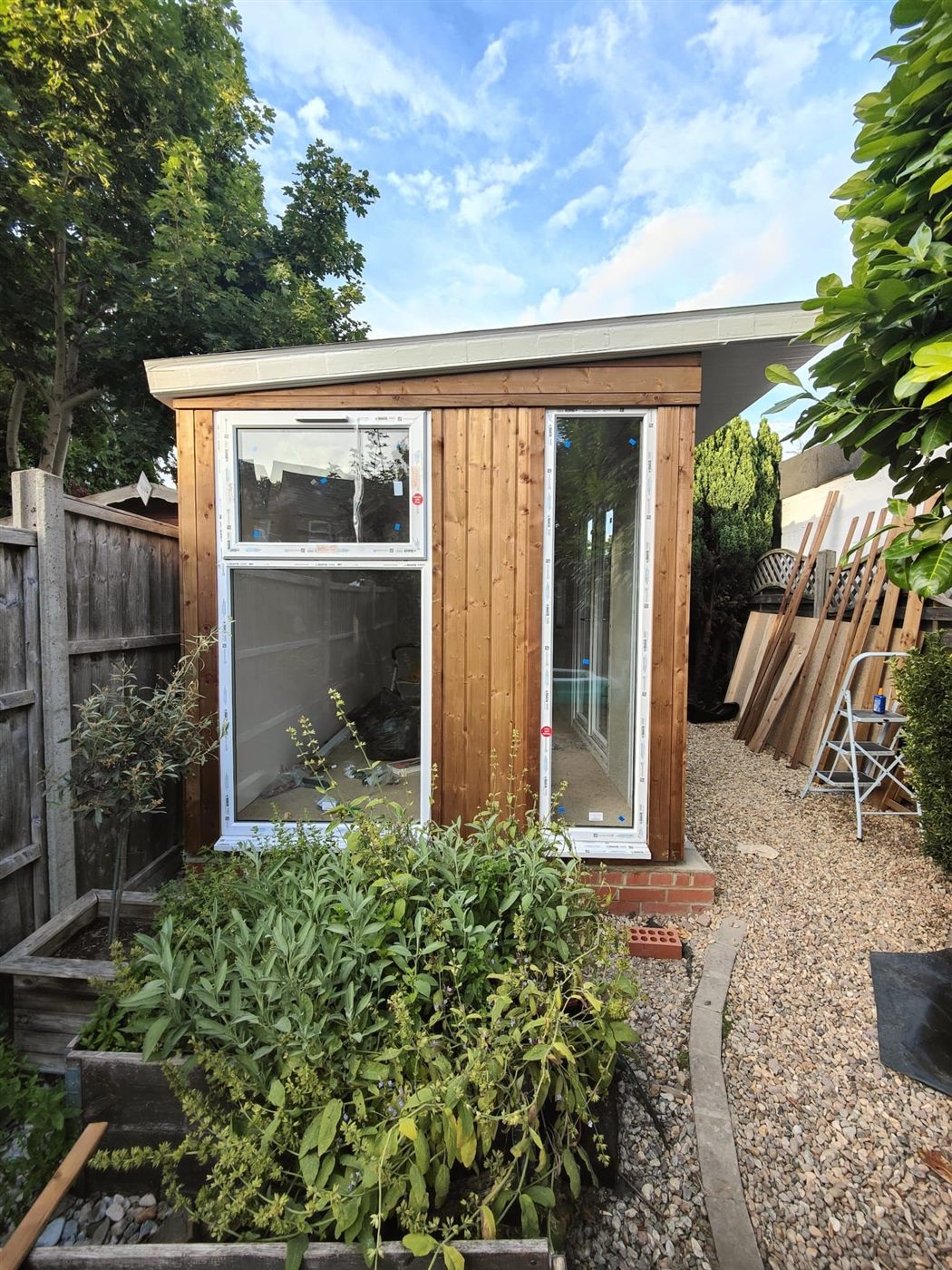 The garden office in place, with the new gravel path leading to it.